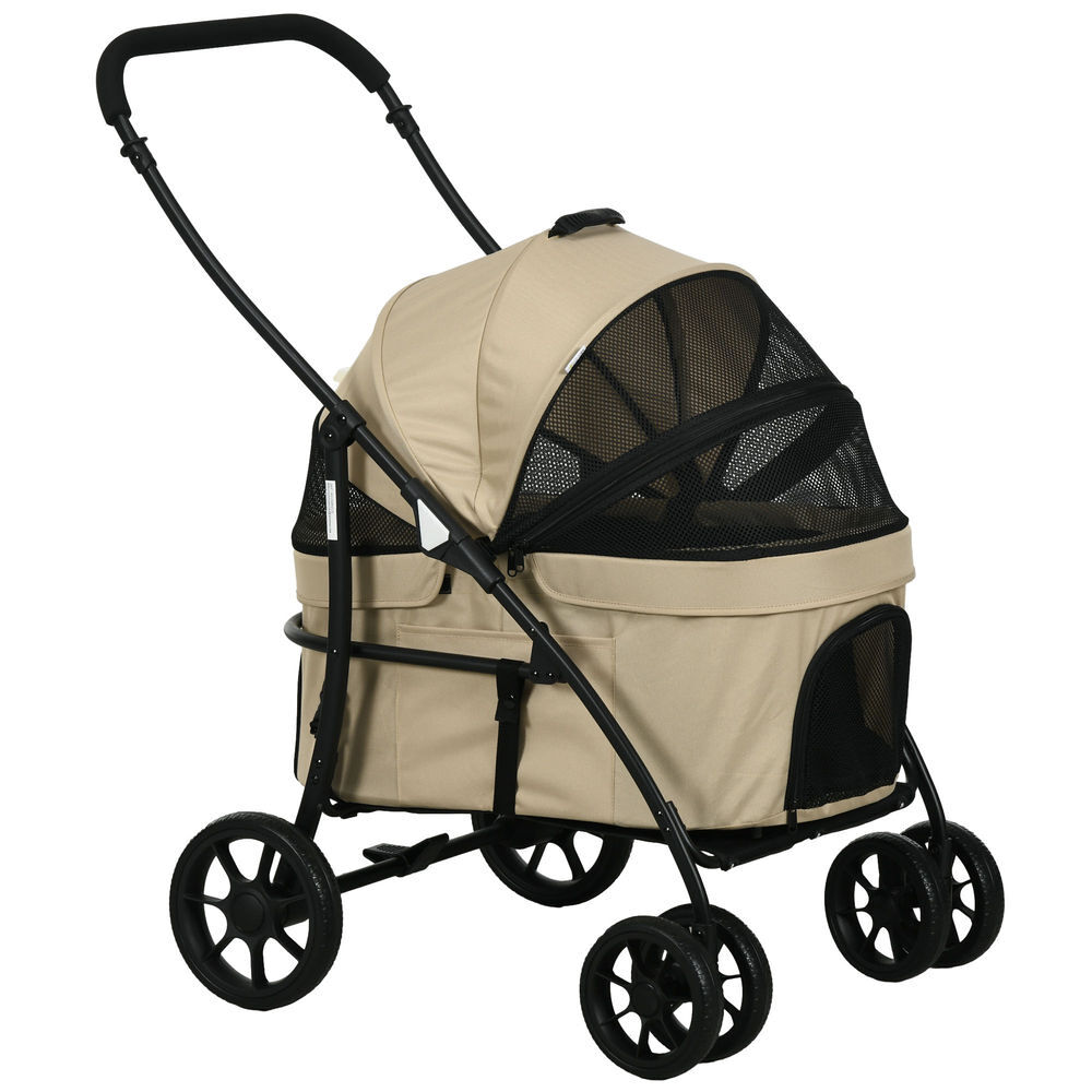 Pawhut carrito para perros 2 en 1 cochecito para perros pequeños plegable con 2 correas de seguridad 2 bolsillos laterales cojín lavable y ruedas universales carga 15 kg caqui