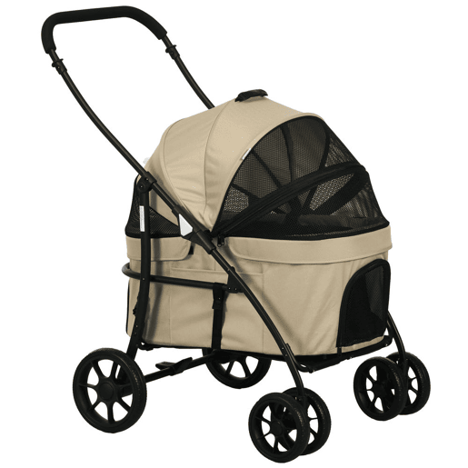 PawHut Carrinho para Animais de Estimação 2 em 1 Carrinho para Cães Dobrável com 2 Correias de Segurança Almofadado e Estrutura de Aço 81x68x98,5 cm Cáqui
