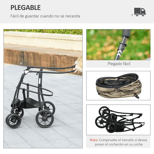 PawHut Carrinho para Animais de Estimação 2 em 1 Carrinho para Cães Dobrável com 2 Correias de Segurança Almofadado e Estrutura de Aço 81x68x98,5 cm Cáqui