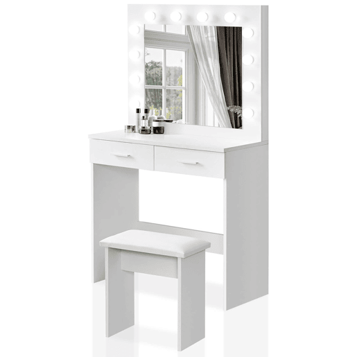 Toucador com espelho e luzes LED Nyana Home | Design moderno e funcional | 2 gavetas grandes | Inclui banco acolchoado | Medidas: 80x140x40 cm
