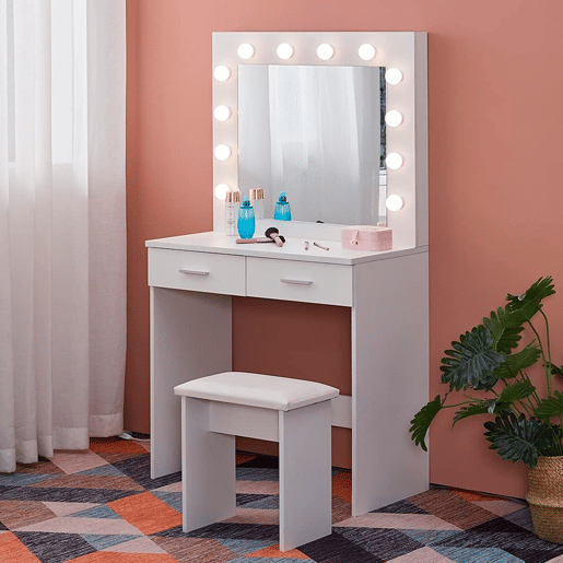 Toucador com espelho e luzes LED Nyana Home | Design moderno e funcional | 2 gavetas grandes | Inclui banco acolchoado | Medidas: 80x140x40 cm