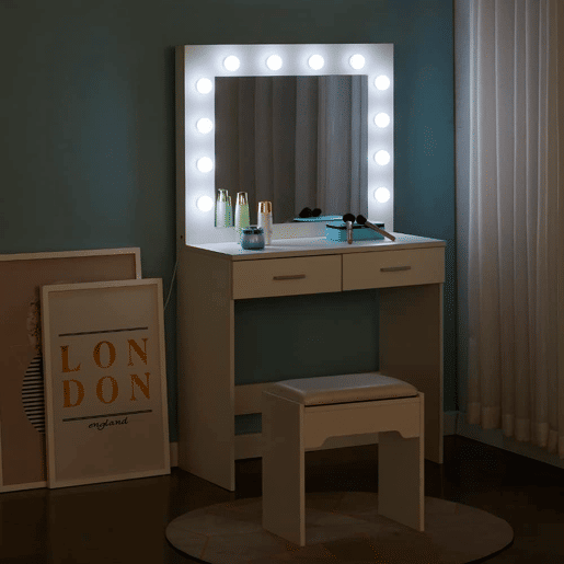 Toucador com espelho e luzes LED Nyana Home | Design moderno e funcional | 2 gavetas grandes | Inclui banco acolchoado | Medidas: 80x140x40 cm