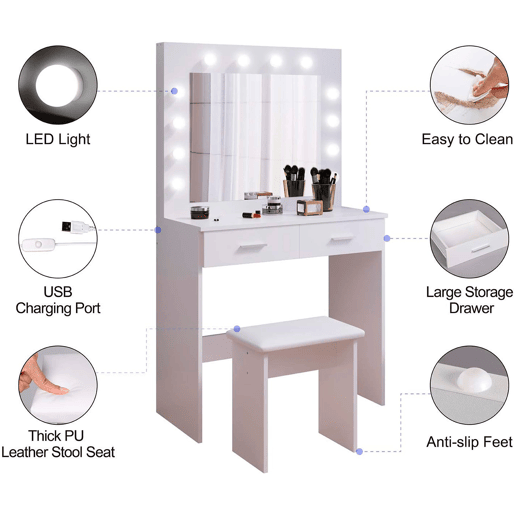 Toucador com espelho e luzes LED Nyana Home | Design moderno e funcional | 2 gavetas grandes | Inclui banco acolchoado | Medidas: 80x140x40 cm