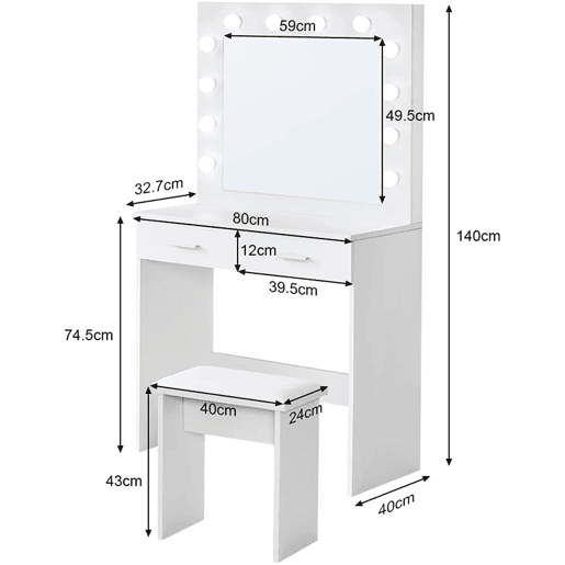 Toucador com espelho e luzes LED Nyana Home | Design moderno e funcional | 2 gavetas grandes | Inclui banco acolchoado | Medidas: 80x140x40 cm