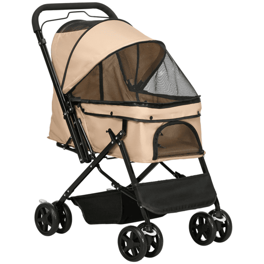 PawHut Carrinho para Animais de Estimação Dobrável Carro para Cães e Gatos com Capô Ajustável Cesta de Armazenamento Cinto de Segurança Tecido Oxford 600D Aço 76,5x52x95 cm Marrom Claro