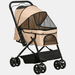 PawHut Carrinho para Animais de Estimação Dobrável Carro para Cães e Gatos com Capô Ajustável Cesta de Armazenamento Cinto de Segurança Tecido Oxford 600D Aço 76,5x52x95 cm Marrom Claro