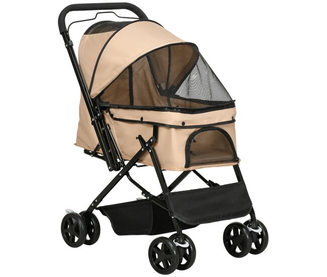Pawhut carrito para perros plegable cochecito para perros pequeños cochecito para mascotas con mango reversible ventana de malla cesta y cuerda de seguridad carga 10 kg 76,5x52x95 cm marrón