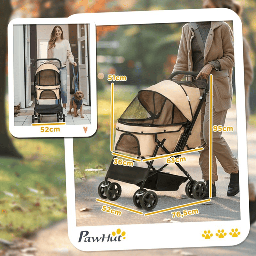 PawHut Carrinho para Animais de Estimação Dobrável Carro para Cães e Gatos com Capô Ajustável Cesta de Armazenamento Cinto de Segurança Tecido Oxford 600D Aço 76,5x52x95 cm Marrom Claro