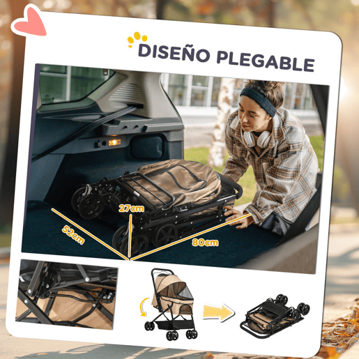PawHut Carrinho para Animais de Estimação Dobrável Carro para Cães e Gatos com Capô Ajustável Cesta de Armazenamento Cinto de Segurança Tecido Oxford 600D Aço 76,5x52x95 cm Marrom Claro