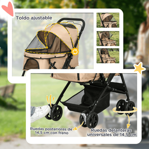 PawHut Carrinho para Animais de Estimação Dobrável Carro para Cães e Gatos com Capô Ajustável Cesta de Armazenamento Cinto de Segurança Tecido Oxford 600D Aço 76,5x52x95 cm Marrom Claro