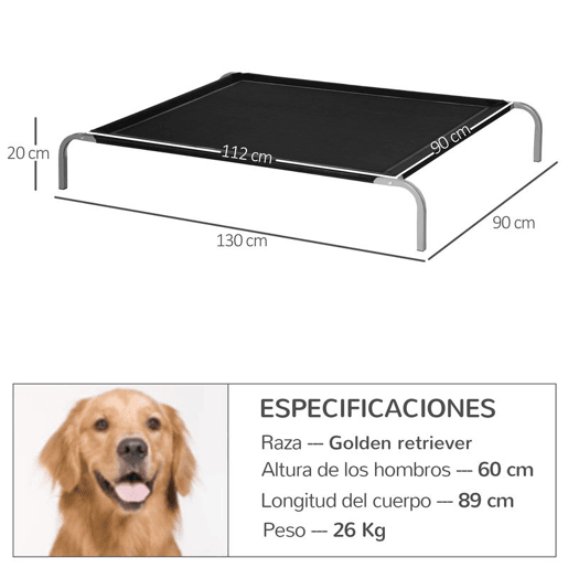 PawHut Cama Elevada para Cães e Gatos Cama Transpirável para Animais de Estimação para Dormir e Relaxar com Estrutura de Aço para Interior e Exterior 130x90x20 cm Preto