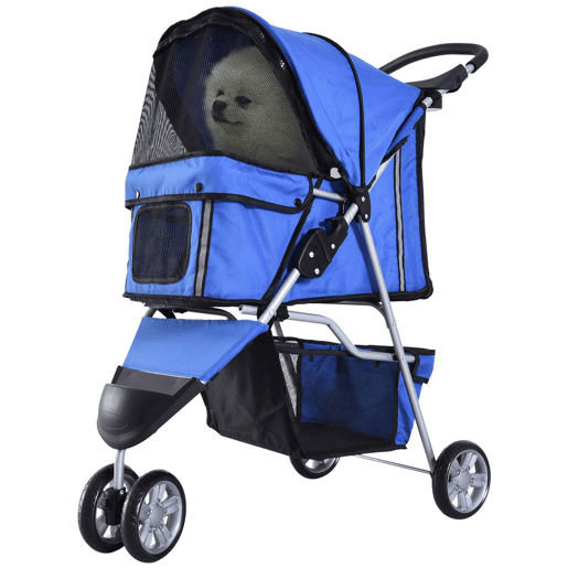 PawHut Carrinho para Animais de Estimação Dobrável Carrinho para Cães e Gatos com Rodas Giratórias Cesto e Suporte para Copos 75x45x97cm Azul