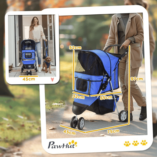 PawHut Carrinho para Animais de Estimação Dobrável Carrinho para Cães e Gatos com Rodas Giratórias Cesto e Suporte para Copos 75x45x97cm Azul