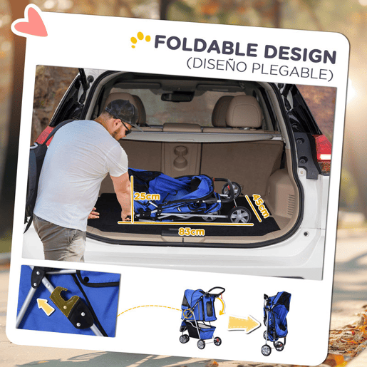 PawHut Carrinho para Animais de Estimação Dobrável Carrinho para Cães e Gatos com Rodas Giratórias Cesto e Suporte para Copos 75x45x97cm Azul
