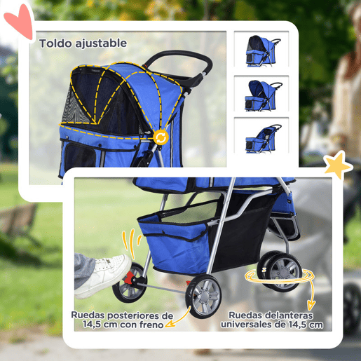 PawHut Carrinho para Animais de Estimação Dobrável Carrinho para Cães e Gatos com Rodas Giratórias Cesto e Suporte para Copos 75x45x97cm Azul