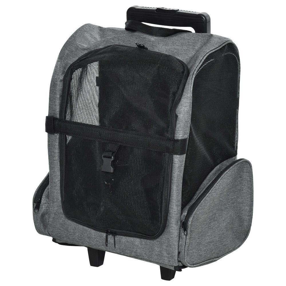 Pawhut transportín carrito para mascotas 2 en 1 mochila de viaje con 2 ruedas para perros gatos con asa retráctil de aluminio y bolsillos de almacenaje 42x25x55 cm gris