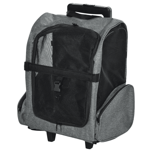 PawHut Transportadora Carrinho para Animais de Estimação 2 em 1 Mochila de Viagem com 2 Rodas para Cães Gatos com Alça Retrátil de Alumínio e Bolso de Armazenamento 42x25x55cm Cinza