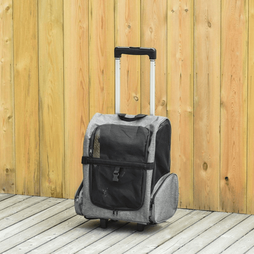 PawHut Transportadora Carrinho para Animais de Estimação 2 em 1 Mochila de Viagem com 2 Rodas para Cães Gatos com Alça Retrátil de Alumínio e Bolso de Armazenamento 42x25x55cm Cinza