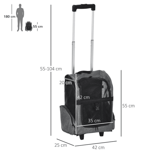 PawHut Transportadora Carrinho para Animais de Estimação 2 em 1 Mochila de Viagem com 2 Rodas para Cães Gatos com Alça Retrátil de Alumínio e Bolso de Armazenamento 42x25x55cm Cinza