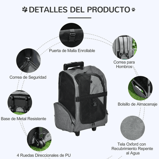 PawHut Transportadora Carrinho para Animais de Estimação 2 em 1 Mochila de Viagem com 2 Rodas para Cães Gatos com Alça Retrátil de Alumínio e Bolso de Armazenamento 42x25x55cm Cinza
