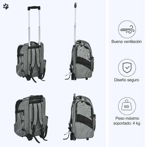 PawHut Transportadora Carrinho para Animais de Estimação 2 em 1 Mochila de Viagem com 2 Rodas para Cães Gatos com Alça Retrátil de Alumínio e Bolso de Armazenamento 42x25x55cm Cinza