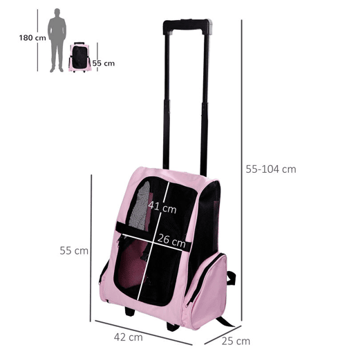 PawHut Transportadora 2 em 1 para Animais de Estimação Mochila ou Carrinho de Viagem para Cães e Gatos com 2 Rodas Alça Retrátil de Alumínio e Bolso de Armazenamento 42x25x55cm Rosa