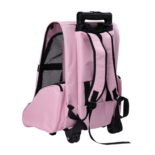 PawHut Transportadora 2 em 1 para Animais de Estimação Mochila ou Carrinho de Viagem para Cães e Gatos com 2 Rodas Alça Retrátil de Alumínio e Bolso de Armazenamento 42x25x55cm Rosa