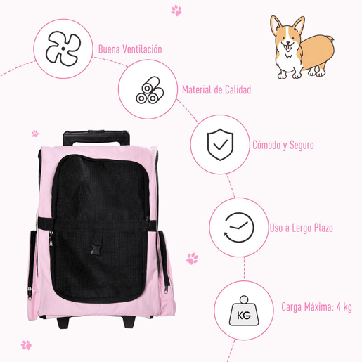 PawHut Transportadora 2 em 1 para Animais de Estimação Mochila ou Carrinho de Viagem para Cães e Gatos com 2 Rodas Alça Retrátil de Alumínio e Bolso de Armazenamento 42x25x55cm Rosa