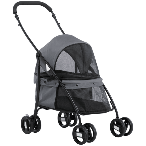 PawHut Carrinho para Animais de Estimação Dobrável Carrinho de Passeio para Cães e Gatos com Janela de Malha Almofada Lavável Arnês de Segurança e Estrutura de Aço 82x47x97cm Cinza