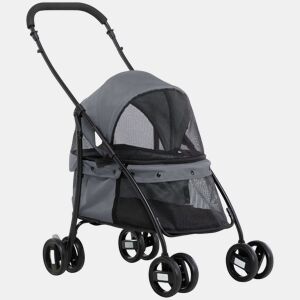 PawHut Carrinho para Animais de Estimação Dobrável Carrinho de Passeio para Cães e Gatos com Janela de Malha Almofada Lavável Arnês de Segurança e Estrutura de Aço 82x47x97cm Cinza