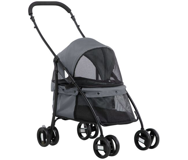 Pawhut carrito para perros plegable cochecito para mascotas cochecito para perros pequeños con ventanas de malla cojín lavable correas de seguridad y marco de acero carga 10 kg gris