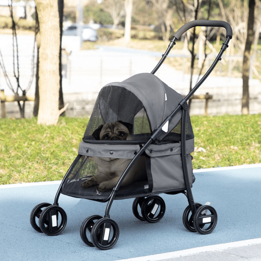 PawHut Carrinho para Animais de Estimação Dobrável Carrinho de Passeio para Cães e Gatos com Janela de Malha Almofada Lavável Arnês de Segurança e Estrutura de Aço 82x47x97cm Cinza