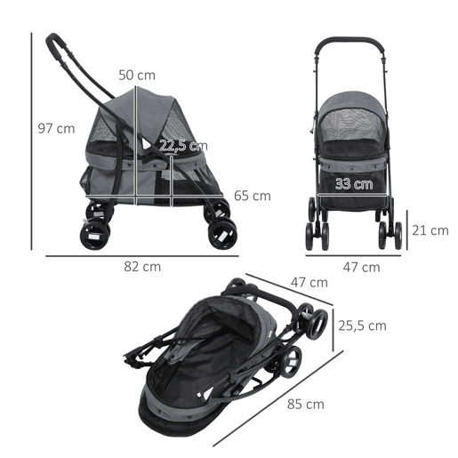 PawHut Carrinho para Animais de Estimação Dobrável Carrinho de Passeio para Cães e Gatos com Janela de Malha Almofada Lavável Arnês de Segurança e Estrutura de Aço 82x47x97cm Cinza