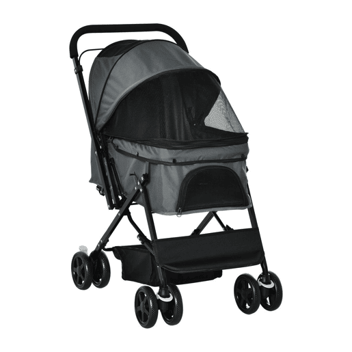 PawHut Carrinho para Animais de Estimação Dobrável Carro para Cães e Gatos com Capô Ajustável Cesta de Armazenamento Cinto de Segurança Tecido Oxford 600D Aço 76,5x52x95cm Cinza