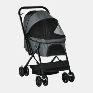 PawHut Carrinho para Animais de Estimação Dobrável Carro para Cães e Gatos com Capô Ajustável Cesta de Armazenamento Cinto de Segurança Tecido Oxford 600D Aço 76,5x52x95cm Cinza