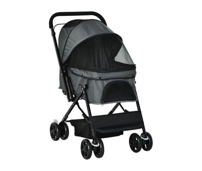Pawhut carrito para perros plegable cochecito para perros pequeños cochecito para mascotas con mango reversible ventana de malla cesta y cuerda de seguridad carga 10 kg 76,5x52x95 cm gris