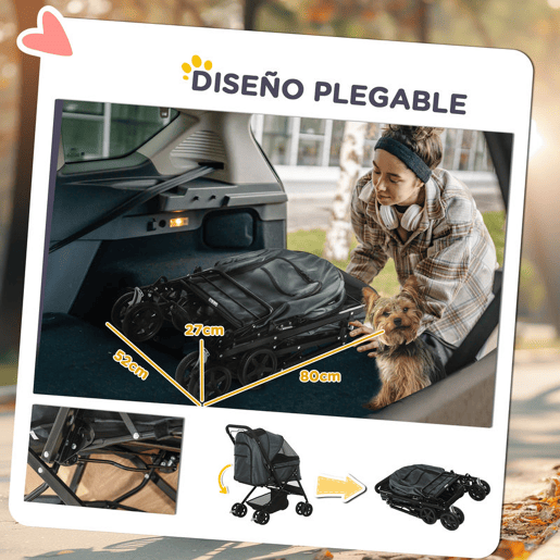 PawHut Carrinho para Animais de Estimação Dobrável Carro para Cães e Gatos com Capô Ajustável Cesta de Armazenamento Cinto de Segurança Tecido Oxford 600D Aço 76,5x52x95cm Cinza