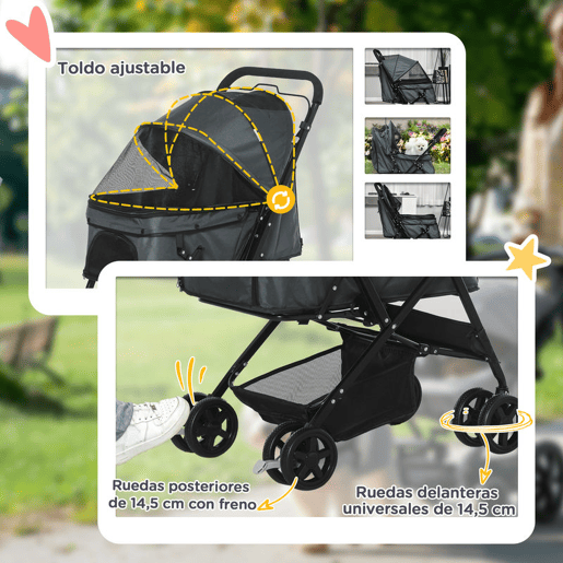 PawHut Carrinho para Animais de Estimação Dobrável Carro para Cães e Gatos com Capô Ajustável Cesta de Armazenamento Cinto de Segurança Tecido Oxford 600D Aço 76,5x52x95cm Cinza