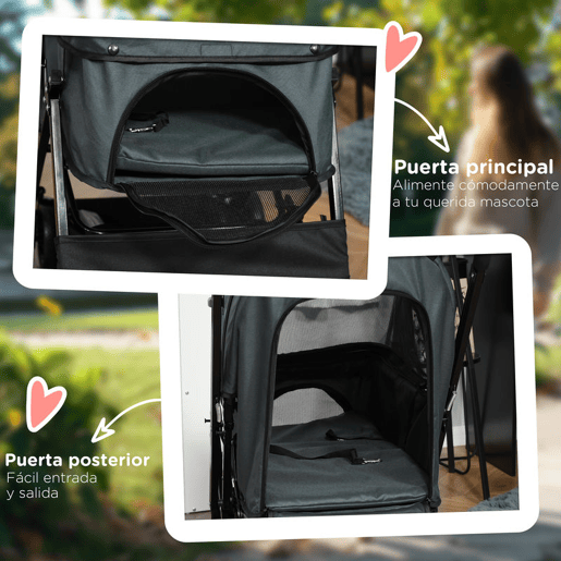PawHut Carrinho para Animais de Estimação Dobrável Carro para Cães e Gatos com Capô Ajustável Cesta de Armazenamento Cinto de Segurança Tecido Oxford 600D Aço 76,5x52x95cm Cinza