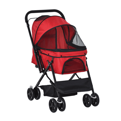 PawHut Carrinho para Animais de Estimação Dobrável Carro para Cães e Gatos com Capô Ajustável Cesta de Armazenamento Cinto de Segurança Tecido Oxford 600D Aço 76,5x52x95cm Vermelho