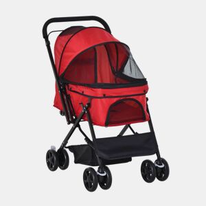 PawHut Carrinho para Animais de Estimação Dobrável Carro para Cães e Gatos com Capô Ajustável Cesta de Armazenamento Cinto de Segurança Tecido Oxford 600D Aço 76,5x52x95cm Vermelho