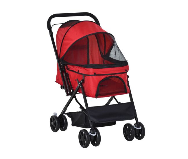Pawhut carrito para perros plegable cochecito para perros pequeños cochecito para mascotas con mango reversible ventana de malla cesta y cuerda de seguridad carga 10 kg 76,5x52x95 cm rojo