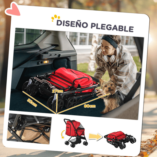 PawHut Carrinho para Animais de Estimação Dobrável Carro para Cães e Gatos com Capô Ajustável Cesta de Armazenamento Cinto de Segurança Tecido Oxford 600D Aço 76,5x52x95cm Vermelho