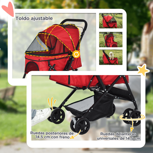 PawHut Carrinho para Animais de Estimação Dobrável Carro para Cães e Gatos com Capô Ajustável Cesta de Armazenamento Cinto de Segurança Tecido Oxford 600D Aço 76,5x52x95cm Vermelho