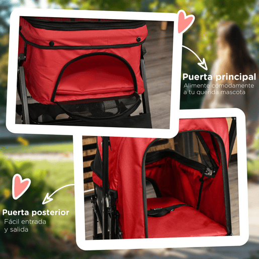 PawHut Carrinho para Animais de Estimação Dobrável Carro para Cães e Gatos com Capô Ajustável Cesta de Armazenamento Cinto de Segurança Tecido Oxford 600D Aço 76,5x52x95cm Vermelho