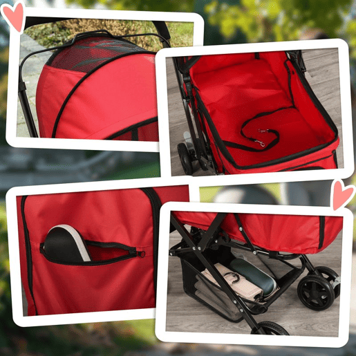 PawHut Carrinho para Animais de Estimação Dobrável Carro para Cães e Gatos com Capô Ajustável Cesta de Armazenamento Cinto de Segurança Tecido Oxford 600D Aço 76,5x52x95cm Vermelho