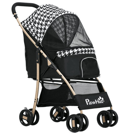 PawHut Carrinho para Cães Carrinho para Animais de Estimação com 2 Entradas Janela de Malha Cesta de Armazenamento Cinto de Segurança e Almofada 80x44,5x97 cm Preto