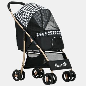 PawHut Carrinho para Cães Carrinho para Animais de Estimação com 2 Entradas Janela de Malha Cesta de Armazenamento Cinto de Segurança e Almofada 80x44,5x97 cm Preto