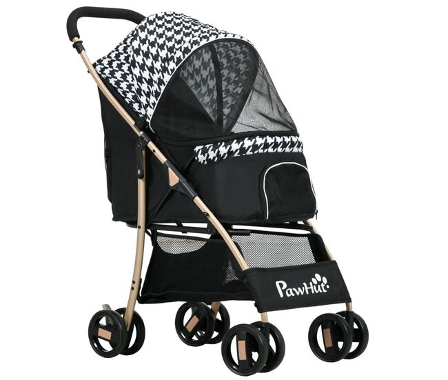 Pawhut carrito para perros plegable cochecito para mascotas con 2 puertas ventana de malla cesta de almacenamiento cuerda de seguridad y cojín carga 15 kg 80x44,5x97 cm negro