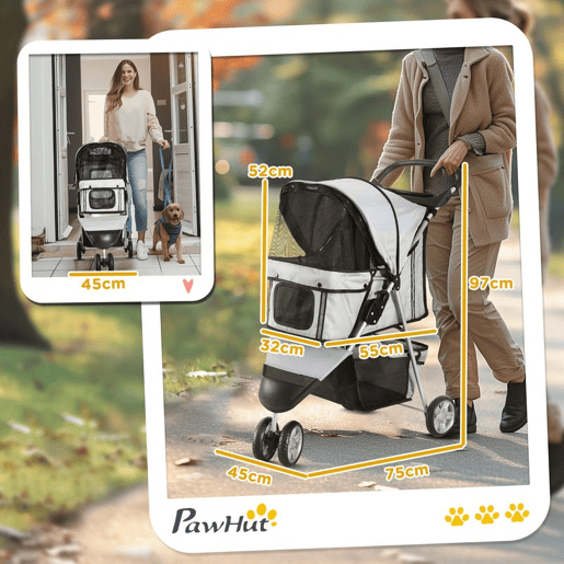 PawHut Carrinho para Animais de Estimação Dobrável Carrinho para Cães e Gatos com Rodas Giratórias Cesto e Suporte para Copos 75x45x97cm Cinza